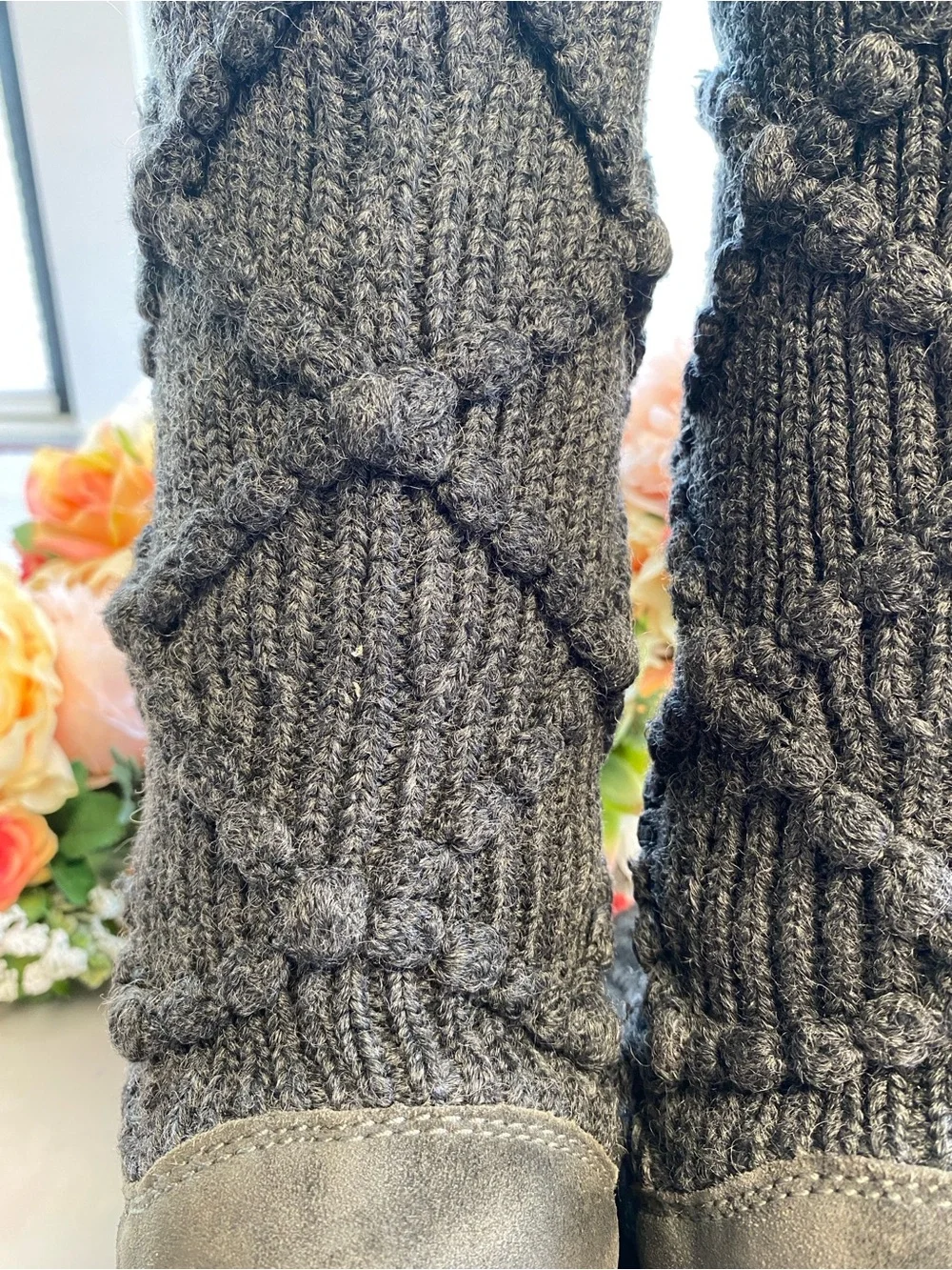 UGG Classic Argyle Knit Tall Sweater Boots Charcoal Gray Sheepskin Women’s 6